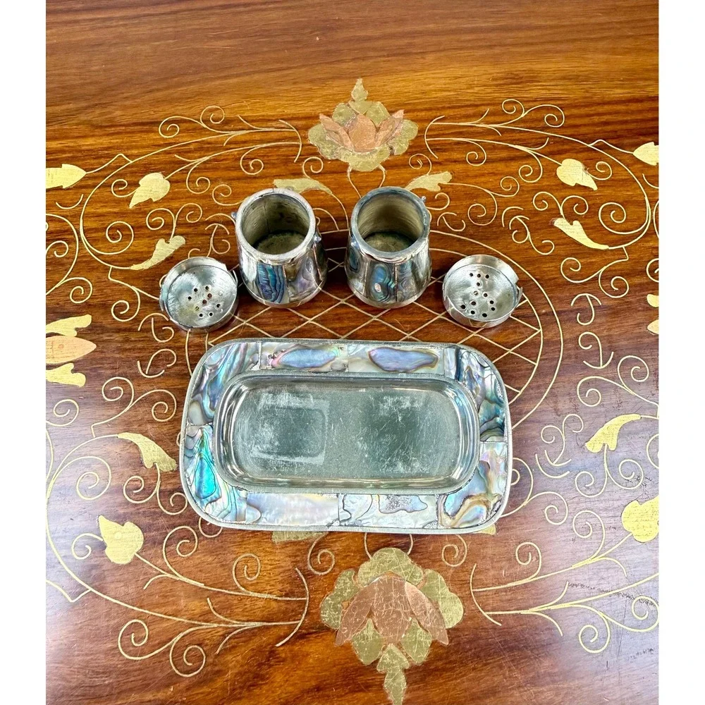 Vintage Mexican Alpaca Silver Abalone Salt & Pepper Shakers with Tray